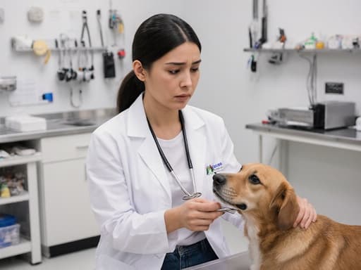 20대 라틴계 여성 의사가 걱정스러운 표정으로 동물을 살펴보며 걷고 있는 모습을 반신 촬영으로 담았습니다. 그녀는 손에 동물 건강 관리 도구를 들고 있으며, 배경에는 진료대와 다양한 건강 관리 장비가 배치된 동물 병원 내부가 보입니다. 그녀의 동물에 대한 헌신이 잘 드러나는 장면입니다.