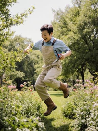 30대 동양인 남성이 가벼운 작업복과 튼튼한 장화를 입고, 푸르고 싱그러운 공원에서 식물과 즐겁게 상호작용하고 있는 전신 샷. 그는 정원 가위를 들고 점프하며 행복한 표정을 지으며, 아름다운 자연 환경 속에서 정원 가꾸기를 사랑하는 모습을 보여줍니다.