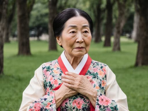 70대 한국인 여성이 밝은 꽃무늬 전통 한복을 입고, 손을 가슴에 대고 서서 걱정스러운 표정을 지으며 깊은 생각에 잠긴 모습의 반신 사진. 푸른 잔디와 나무들로 둘러싸인 평화로운 공원 배경.