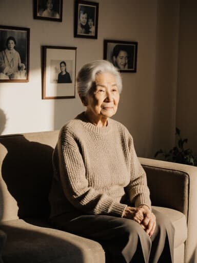 70대 한국인 여성의 반신 사진으로, 편안한 니트 스웨터와 슬랙스를 입고 소파에 앉아 외로운 표정을 짓고 있으며, 손은 무릎 위에 얹고 아늑한 거실에서 가족 사진이 걸려있는 따뜻한 분위기를 연출합니다.