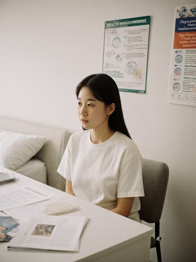편안한 홈웨어를 입은 아시아계 소녀가 깔끔한 침실에서 책상 위의 건강 관련 자료를 바라보고 앉아 있습니다. 방은 건강 관리 포스터로 장식되어 있어 차분하고 집중된 분위기를 만들어냅니다.