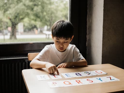 조용한 카페에 앉아 있는 7세 아시아계 남자 아이의 반신 사진. 그는 책상 위의 알파벳 카드를 가리키며 지루한 표정을 지으며, 창밖의 푸른 공원을 바라보고 있습니다.