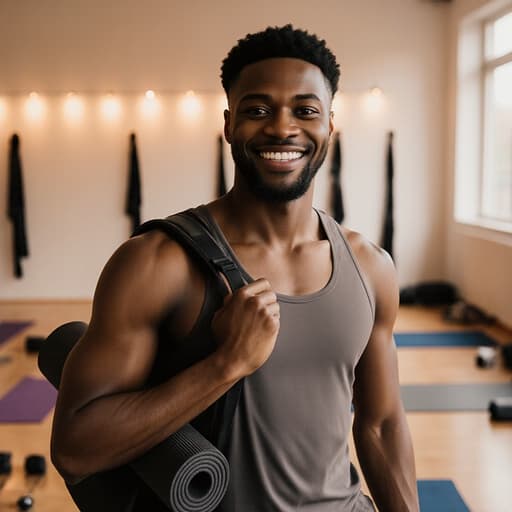 20대의 건강하고 활기찬 흑인 남성이 편안한 요가복을 입고 자연스럽게 미소를 지으며 한 손에 가방을 들고 어깨에 요가 매트를 메고 있습니다. 아늑한 요가 센터 내부는 다양한 요가 기구와 부드러운 조명으로 가득 차 있어 전체적인 분위기를 편안하고 평화롭게 만들어 줍니다.