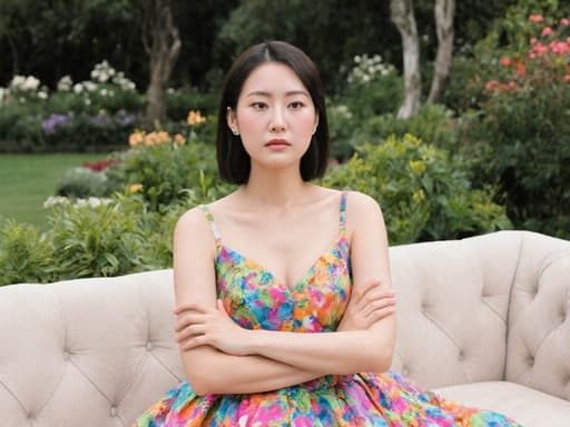 30대 한국인 여성의 반신 사진으로, 야외 생일 파티에서 소파에 앉아 있습니다. 그녀는 화려한 드레스를 입고 팔짱을 끼고 차가운 표정으로 주변을 바라보고 있으며, 아름다운 정원이 파티 배경으로 펼쳐져 있어 그녀의 기분과 생기 넘치는 분위기 사이의 대조를 강조합니다.