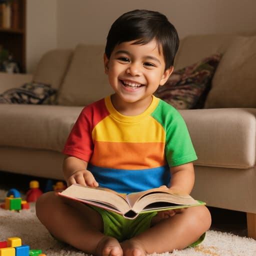 사랑스러운 3세의 라틴계 남자 아이의 반신 촬영으로, 밝은 색상의 티셔츠와 반바지를 입고 있습니다. 그는 아늑한 거실에서 책을 손에 들고 행복한 미소를 지으며 읽으려는 자세를 취하고 있습니다. 배경은 소파와 장난감이 흩어져 있는 따뜻하고 초대하는 공간으로, 즐겁고 기쁜 분위기를 자아냅니다.