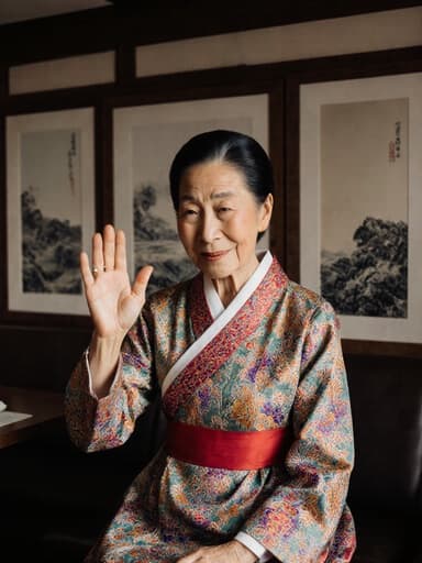 70대의 자연스러운 외모를 지닌 백인 여성이 전통적인 한국 한복을 입고 아늑한 카페에서 서 있는 전체 사진입니다. 그녀는 약간 피곤한 표정을 짓고 있지만, 부드러운 미소를 지으며 손을 흔들며 이야기를 나누고 있습니다. 배경에는 한국 전통 그림이 걸려 있어 따뜻하고 초대하는 분위기를 만들어냅니다.