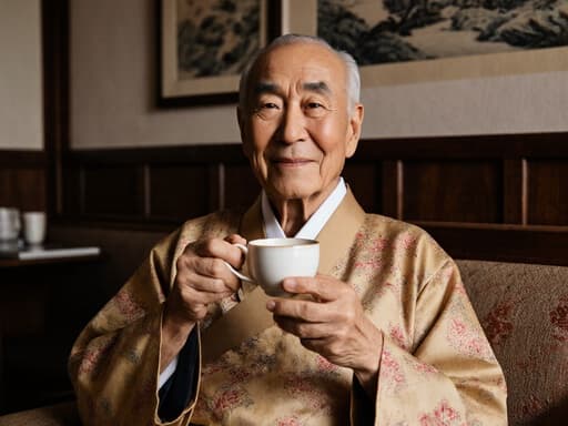 따뜻하고 친근한 인상의 80대 아시아계 남성이 전통 한복을 입고 아늑한 카페 소파에 앉아 찻잔을 들고 부드럽게 미소짓고 있습니다. 배경에는 전통 한국 그림이 걸려 있어 문화적으로 풍부한 분위기를 자아냅니다.