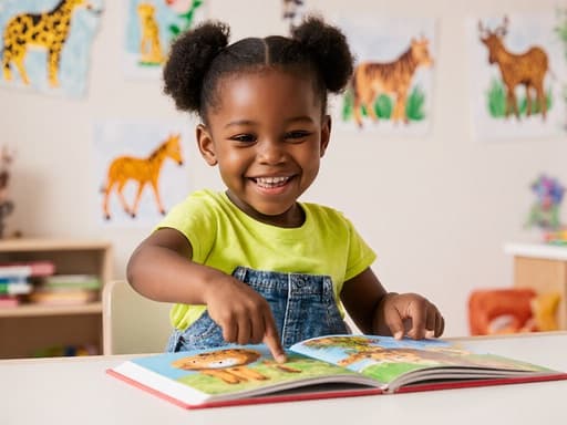 즐거운 미소를 지으며 동물 그림책을 가리키고 있는 3세 아프리카계 소녀의 모습이 아늑한 어린이 학습 공간에서 포착되었습니다. 그녀의 주변에는 다양한 동물 그림이 장식되어 있습니다.