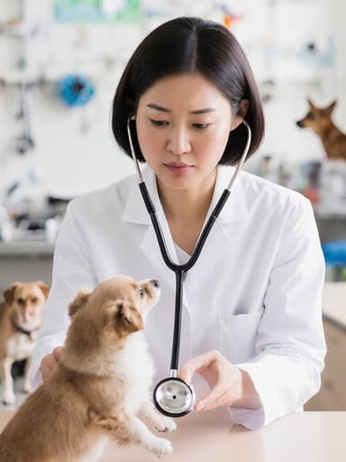 젊은 아시아계 여성 수의사가 흰색 의사 가운을 입고 청진기를 손에 들고 있는 반신 사진입니다. 그녀는 다가오는 동물의 건강 상태를 걱정하며 살짝 찡그린 표정을 짓고 있습니다. 배경은 의료 장비와 다양한 동물들이 있는 동물 병원 내부로, 그녀의 동물 치료에 대한 헌신을 강조하는 바쁘지만 따뜻한 분위기를 연출합니다.