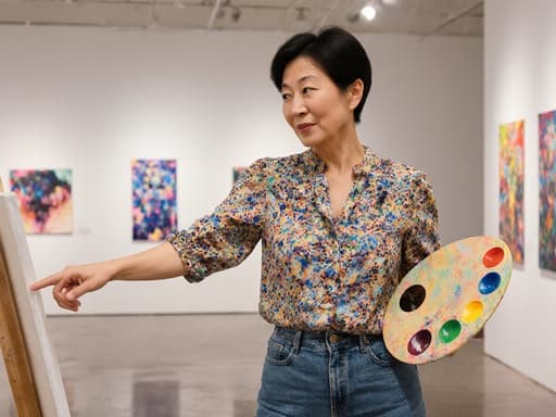 40대 동양인 여성의 반신 사진으로, 예쁘고 자연스러운 외모를 가진 그녀가 열정적으로 창작에 몰두하고 있다. 아트 스타일의 블라우스와 청바지를 착용하고, 팔에 화가의 팔레트를 걸치며, 밝고 현대적인 전시실에서 다양한 작품들을 배경으로 캔버스를 가리키고 있다.