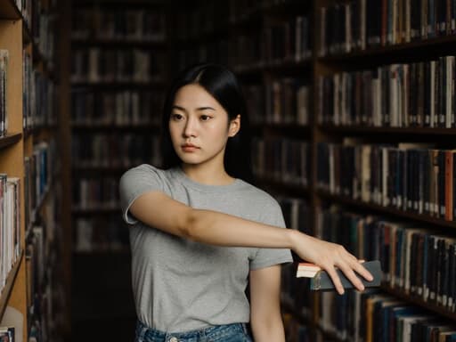 10대 후반의 아시아계 여성의 반신 상반신 사진. 자연스러운 외모를 가지고 있으며, 편안한 티셔츠와 청바지를 입고 있습니다. 한 손에는 교과서를 들고 스트레칭하는 자세를 취하며, 집중하는 모습으로 약간 찡그린 표정을 짓고 있습니다. 배경에는 조용한 도서관의 책장이 보이며, 학문적인 분위기를 강조합니다.