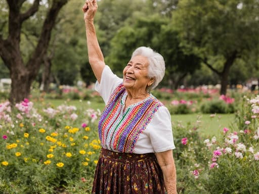 화려한 전통 의상을 입은 80세의 라틴계 여성이 나무와 꽃이 가득한 공원에서 손을 높이 들어 스트레칭하며 고마운 미소를 짓고 있는 모습으로, 문화적 아름다움과 평온함의 본질을 완벽하게 담고 있습니다.
