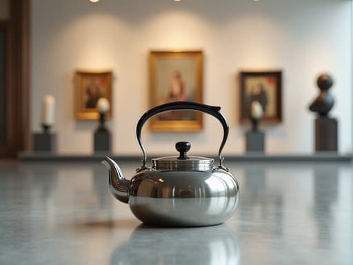 폴리싱된 금속 주전자, 추상 조각이 있는 현대 미술관, 현대적, 예술적, 초대하는