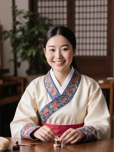 10대 초반의 유럽계 여성 모델이 전통 한복을 입고 부드럽게 미소 지으며 상담 테이블에 앉아 상담 도구를 가볍게 만지는 모습이 담긴 반신 촬영. 아늑한 전통 한의학 상담실에서 나무 가구와 식물들이 배치되어 있습니다.