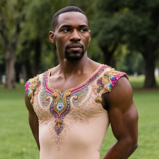 40대의 자신감 있는 흑인 남성이 조용한 공원에서 우아한 무용복을 입고 있는 반신 촬영, 우아한 자세와 자연스러운 매력을 보여줍니다.