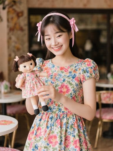 이 이미지는 귀엽고 순수한 미소를 짓고 있는 한국 여성의 모습으로, 화사한 원피스와 리본이 달린 헤어밴드를 착용하고 있으며, 따뜻하고 아기자기한 카페에서 인형과 함께 춤추는 모습입니다.
