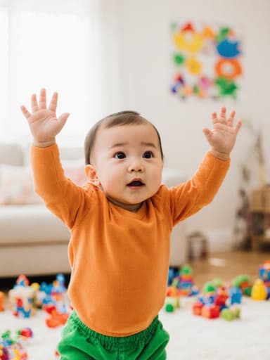 밝은 색상의 편안한 옷을 입은 호기심 많은 1살 한국 아기가 장난감들이 흩어져 있는 아름답게 꾸며진 거실에서 팔을 위로 쭉 뻗으며 스트레칭하는 모습의 전신 사진. 어린 시절의 기쁨을 담고 있습니다.