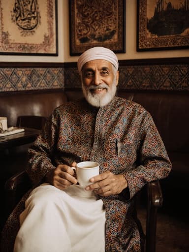 이미지에는 전통 의상을 입고 있는 중동계 노인이 차 잔을 들고 미소 지으며 아늑한 카페에 앉아 있는 모습이 담겨 있습니다. 배경에는 전통 예술 작품이 장식되어 있어 따뜻하고 초대하는 분위기를 연출합니다.