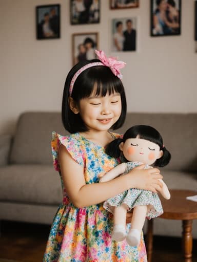화려한 드레스를 입고 졸린 표정을 지은 3살 동양인 여자아이의 전신 초상화. 아늑한 거실 배경에서 인형을 부드럽게 들고 있습니다.