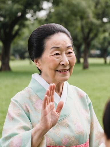 부드러운 패턴의 전통 한복을 입은 80대 한국인 여성의 반신 사진으로, 평온한 표정으로 가족을 바라보며 손을 흔드는 모습이 푸른 잔디가 있는 공원에서 촬영되었습니다.