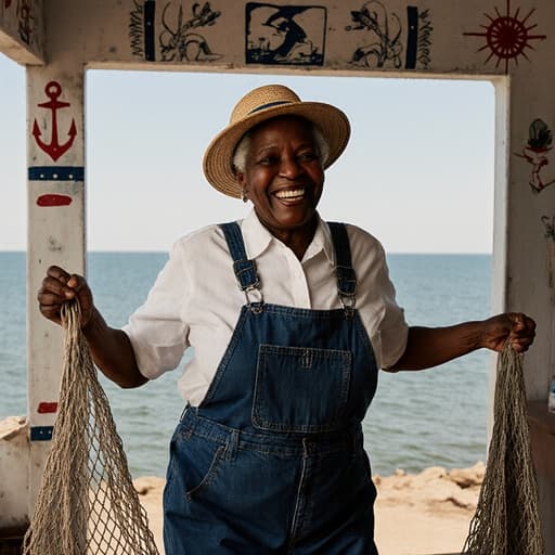50대 아프리카계 여성이 어부의 작업복과 모자를 입고, 그물을 들고 긍정적인 표정을 지으며 춤추는 듯한 자세를 취하고 있습니다. 배경은 어업 관련 장식이 있는 실내 공간과 바다의 풍경을 보여주며, 생동감 있고 매력적인 분위기를 연출합니다.