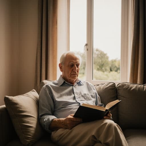 80대 유럽계 남성이 아늑한 거실 소파에 앉아 요리 책을 들고 있는 반신상 장면입니다. 그는 캐주얼한 셔츠와 면바지를 입고, 창밖을 바라보며 외로운 표정을 짓고 있습니다. 배경은 부드러운 조명이 있는 따뜻하고 매력적인 생활 공간으로, 창을 통해 평화로운 공원이 보입니다. 이는 고독과 사유의 감정을 강조합니다.