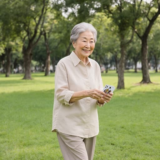 평온하고 행복한 표정을 지닌 70대 한국인 여성이 편안한 캐주얼 의상을 입고, 푸른 잔디와 나무가 있는 공원에서 카드 게임을 즐기기 위해 걸어가는 모습의 반신 샷입니다. 그녀의 자연스러운 외모와 분위기가 따뜻하고 초대하는 느낌을 줍니다.