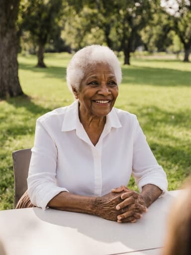 70대의 따뜻하고 자연스러운 외모를 가진 흑인 여성이 공원의 푸른 잔디와 나무들로 둘러싸인 테이블에 앉아 있는 반신 사진입니다. 그녀는 편안한 블라우스와 스커트를 착용하고 있으며, 손을 모으고 가족을 애정 어린 눈빛으로 바라보고 있습니다. 그녀의 표정은 고마움을 담고 있으며, 그 순간에 대한 감사함이 느껴지는 부드러운 미소를 짓고 있습니다.