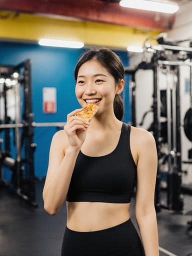 헬스장에서 운동복을 입고 건강한 스낵을 즐기며 행복하게 웃고 있는 아시아계 소녀의 생동감 넘치는 반신 샷, 다양한 운동 기구와 밝은 조명이 어우러져 활기찬 피트니스 분위기를 전달합니다.