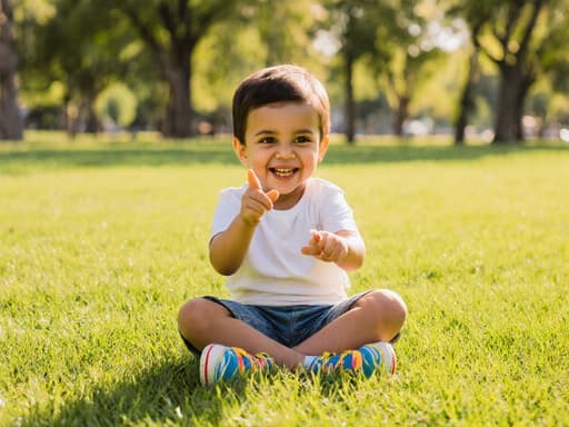 햇살이 비치는 공원에서 크로스 레그로 앉아 장난스러운 표정을 짓고 있는 3세 혼혈 남아의 반신 사진. 그는 편안한 반팔 티셔츠와 반바지, 밝은 색상의 운동화를 착용하고 있으며, 무언가를 가리키며 숨바꼭질을 하는 듯한 모습입니다. 배경은 푸른 잔디밭과 나무들이 함께 있는 따뜻한 햇살의 공간입니다.