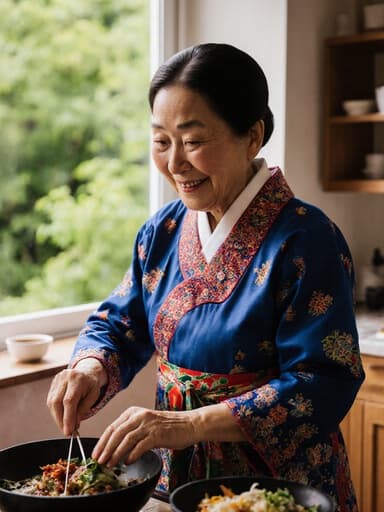 80대 한국인 여성의 전통 한복을 입고 따뜻한 미소를 지으며 전통 음식을 만들기 위해 재료를 손질하는 아늑한 주방의 모습, 창문 밖에는 푸른 정원이 보입니다.