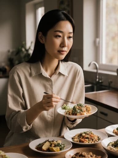 차분한 표정의 30대 아시아계 여성이 편안한 홈웨어를 입고, 맛있게 조리된 요리를 손에 들고 기대하는 모습의 반신 촬영. 아늑한 주방에서 다양한 요리가 놓인 식탁이 배경으로 어우러진 장면.