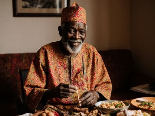 70대 아프리카계 남성이 밝은 색상의 전통 아프리카 의상을 입고 지혜로운 표정을 지으며 앉아 있는 반신 사진. 전통 음식 재료를 손에 들고 조리법을 설명하는 듯한 부드러운 미소를 띠고 있습니다. 배경은 전통 조리 도구와 재료가 놓인 테이블이 있는 아늑한 거실로, 장면의 문화적 중요성을 강조하는 따뜻하고 초대하는 분위기를 자아냅니다.