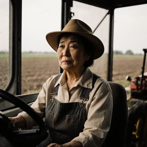50대 동양인 여성이 편안한 농부 스타일의 작업복과 모자를 착용한 반신 사진. 그녀는 농기계를 조작하는 것에 대한 걱정으로 찡그린 표정을 지으며 앉아 있습니다. 배경은 농장과 연결된 실내 환경으로, 창문 너머 넓은 밭이 보이며, 차분하면서도 집중된 분위기를 만들어냅니다.
