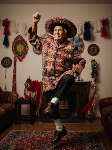 화려한 전통 축제 의상을 입고 점프하며 주변을 무관심한 표정으로 바라보는 80대 라틴계 남성의 전신 사진, 전통적인 장식으로 꾸며진 축제 분위기의 거실을 배경으로 하고 있습니다.