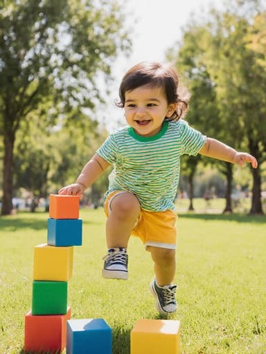 밝은 색상의 티셔츠와 반바지를 입은 1세의 중동계 여성 아기가 귀여운 웃음을 지으며 블록을 쌓고 점프하는 모습의 풀 바디 샷. 햇살이 비추는 푸른 잔디와 나무들이 있는 공원에서 즐거운 놀이 시간을 포착합니다.