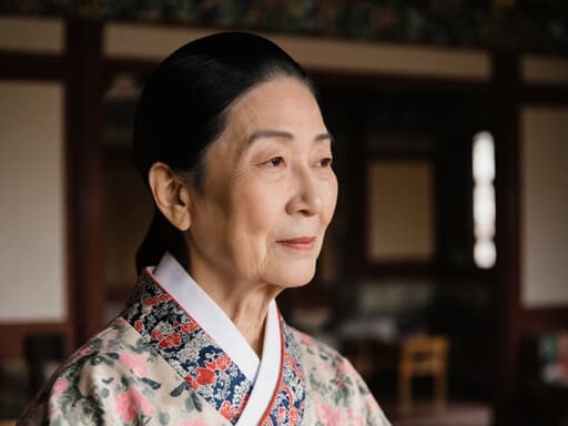 전통 한복을 입고 있는 80대의 혼혈 여성이 아늑한 전통 한국 거실에서 조용히 주변을 감상하며 평화로운 표정을 짓고 있는 반신 촬영입니다.