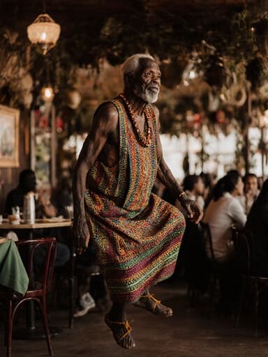 아늑한 카페에서 주위를 무관심하게 바라보며 점프하는 80대 흑인 남성이 화려한 전통 아프리카 의상을 입고 있는 전체적인 모습.