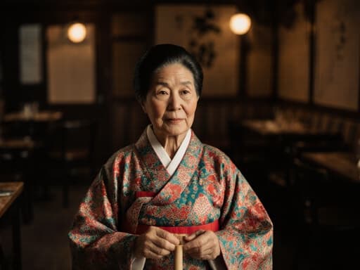 아늑한 카페에서 따뜻한 조명 아래, 화려한 전통 한복을 입고 전통 놀이 도구를 들고 있는 80대 혼혈 여성의 반신 사진. 그녀는 외로운 표정을 짓고 있으며 그리움이 느껴지는 모습입니다.