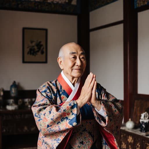 80대의 동양인 남성이 화려한 색감과 세련된 문양이 돋보이는 전통 한복을 입고 있는 반신 샷입니다. 그는 자연스러운 외모로 고마운 미소를 지으며 손을 모은 모습입니다. 남성은 춤추는 자세로 두 팔을 가볍게 들어 올리고 몸을 약간 기울이며 전통 음악의 리듬을 즐기는 듯한 모습입니다. 배경은 전통적인 한국의 거실로, 고전적인 가구와 장식품이 배치되어 따뜻하고 아늑한 분위기를 자아냅니다. 전체적인 구성은 기쁨과 문화의 풍요로움을 발산하며, 한국 유산의 아름다움을 진정한 순간으로 보여줍니다.