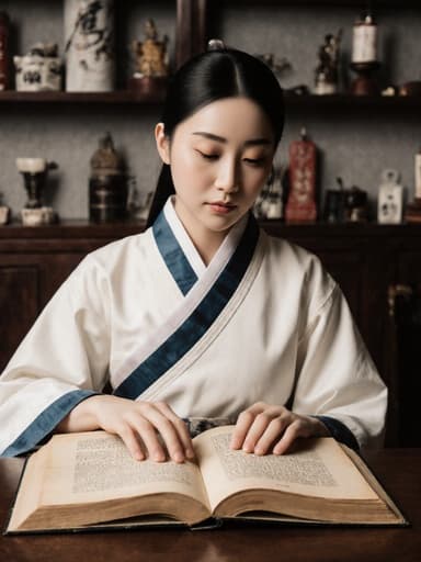 20대 아시아계 여성 모델이 전통 한의사 복장인 간편한 한복 스타일의 의상을 입고 평온한 표정으로 연구에 몰입하며 테이블 위의 한의학 서적을 바라보고 손으로 책을 펼쳐보는 모습이 담긴 반신 촬영입니다. 배경은 전통 한의학 연구실을 모티브로 한 카페 내부로, 한의학 관련 도구와 차분한 분위기의 소품들로 꾸며져 있어 집중과 평온의 분위기를 더욱 강조합니다.