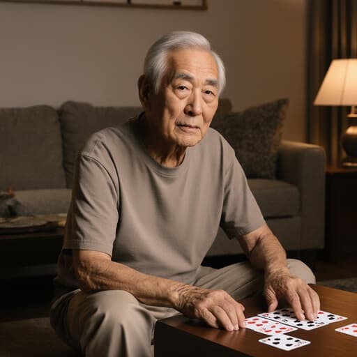 70대의 동양인 남성이 자연스러운 외모를 가지고 편안한 티셔츠와 바지를 입고 있는 반신 샷입니다. 그는 카드 게임 테이블 앞에 바닥에 앉아 카드에 손을 얹고 무관심한 표정을 지으며 게임에 집중하지 않고 있습니다. 부드러운 조명과 소파, 커피 테이블이 배치된 아늑한 거실 환경에서 촬영되었습니다.