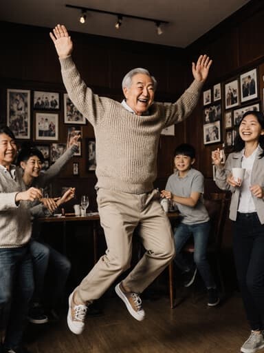70대의 동양인 남성이 편안한 니트 스웨터와 면바지를 입고 미소를 지으며 가족과 함께 즐겁게 점프하는 모습을 담은 전체 샷. 따뜻한 분위기의 카페 내부에는 가족 사진들이 걸려 있어 가족 간의 유대감을 잘 드러내고 있습니다.