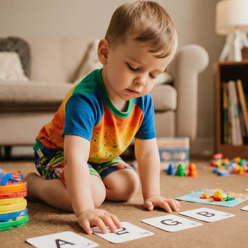 졸린 표정을 짓고 있는 3세 백인 남자아이, 화려한 티셔츠와 반바지를 입고, 장난감과 책이 흩어져 있는 아늑한 거실에서 알파벳 카드에 손을 얹고 춤추듯 몸을 흔들고 있는 모습.
