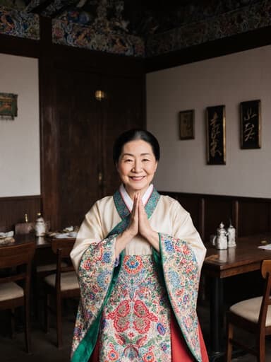 70대 한국인 여성이 화려한 전통 한복을 입고 고마운 미소를 지으며 두 손을 모아 존경의 자세를 취하는 따뜻한 장면입니다. 아늑한 전통 한국 카페의 분위기가 배경을 이루어 이 순간의 문화적 본질을 더욱 강조합니다.