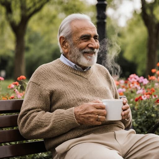 80대 중동계 노인이 편안한 니트 스웨터와 면바지를 입고 벤치에 앉아 따뜻한 미소를 지으며 커피잔을 들고 여유롭게 푸르른 나무와 꽃들로 가득한 공원을 바라보는 장면으로, 자연과의 조화로운 순간을 포착한 이미지입니다.