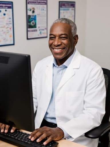 60대의 자신감 있는 흑인 남성이 현대적인 회의실에서 화이트 셔츠와 실험실 코트를 입고 컴퓨터 앞에 앉아 집중해서 타이핑하고 있습니다. 그의 자연스러운 미소와 자신감 있는 표정은 과학 및 기술 포스터로 장식된 환경에서 그의 전문성을 잘 나타냅니다.