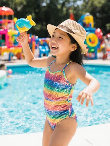 7세 아시아계 여성의 전체적인 모습이 담긴 사진으로, 자연스러운 외모와 함께 화려한 수영복과 귀여운 비치 모자를 착용하고 밝게 웃고 있습니다. 물놀이 장난감을 들고 춤추는 모습이 여름 분위기의 수영장과 다양한 물놀이 장난감이 있는 배경에서 즐거움과 여름의 본질을 담고 있습니다.