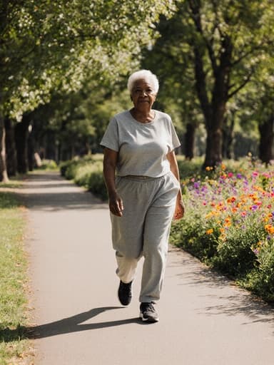 80대 흑인 여성의 전신 사진으로, 자연스러운 외모를 지닌 모델이 평화로운 공원 길을 따라 걷고 있습니다. 그녀는 편안한 운동복과 스타일리시한 운동화를 착용하고 있으며, 무관심한 표정으로 걷고 있습니다. 배경에는 푸른 나무와 꽃들이 있어 그녀의 편안한 태도를 잘 드러내는 고요한 분위기를 만들어냅니다.