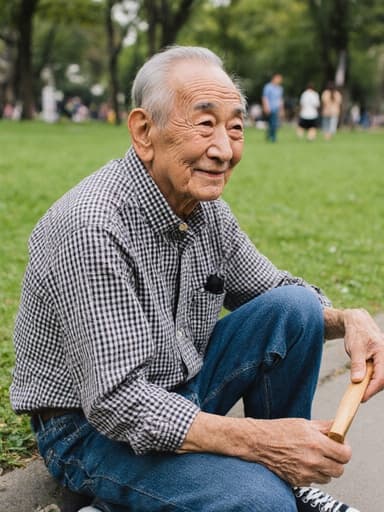 이미지는 80대 한국인 남성이 공원에 앉아 부드러운 미소를 지으며 작은 나무 조각을 들고 그것을 생각에 잠겨 바라보는 모습을 보여줍니다. 그는 편안한 청바지와 체크무늬 셔츠를 입고 있으며, 배경에는 푸른 잔디와 나무들, 그리고 산책하는 몇몇 사람들이 있어 따뜻하고 초대하는 분위기를 자아냅니다.